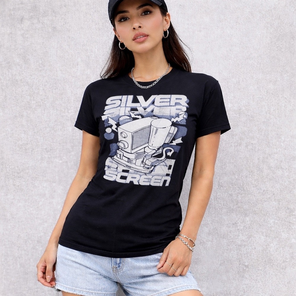 Live and Tell Silver Screen Flash Film Graphic T-Shirt Black‎ Unisex Graphic L